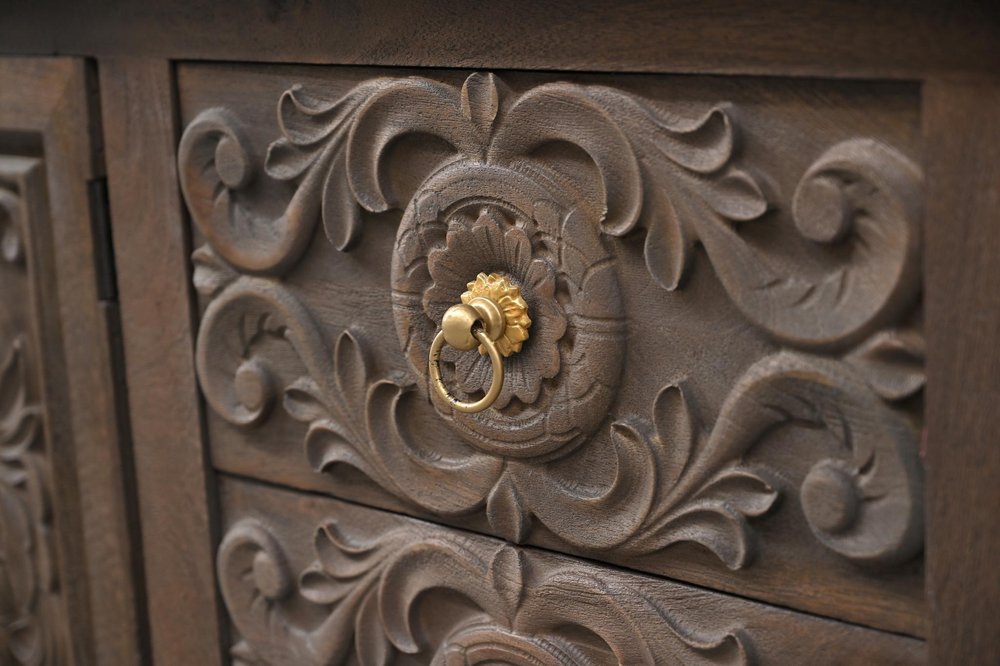 Brown Distressed Solid Wood Carved Floral Three Drawer Sideboard with Four Doors