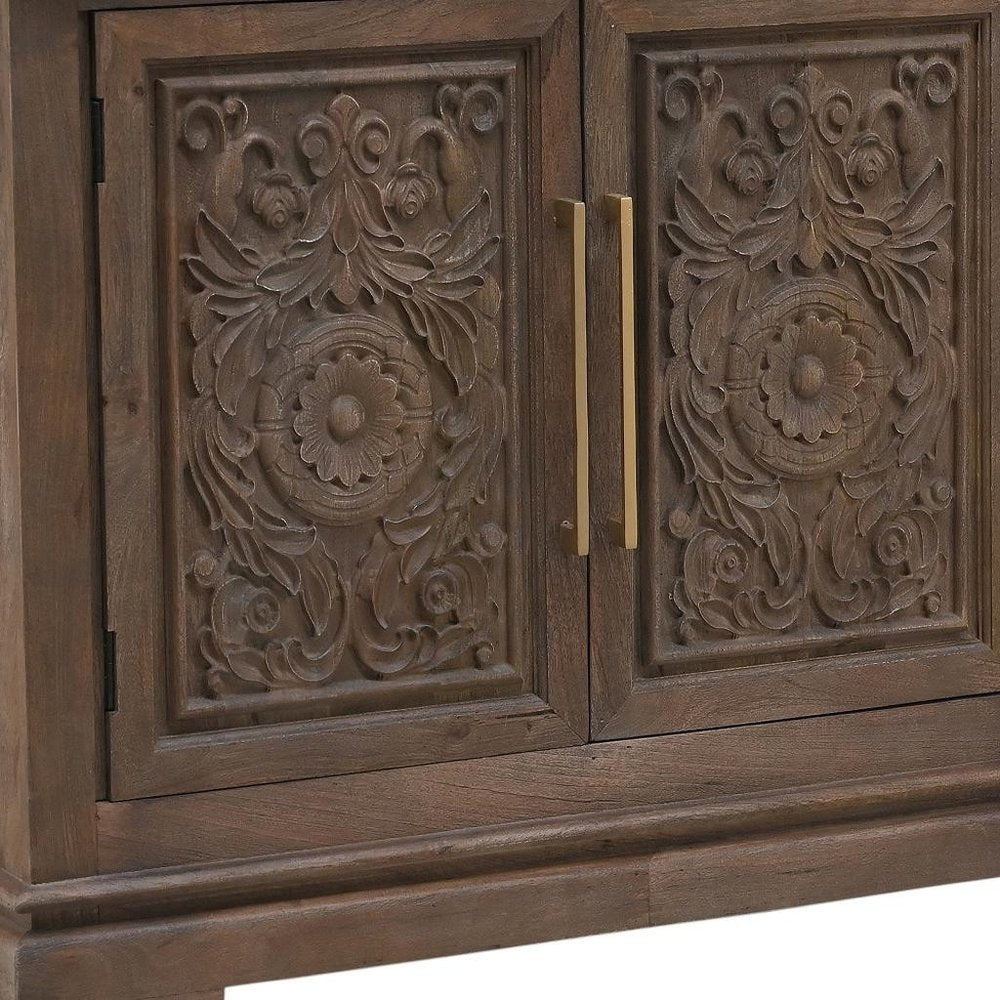 Brown Distressed Solid Wood Carved Floral Three Drawer Sideboard with Four Doors