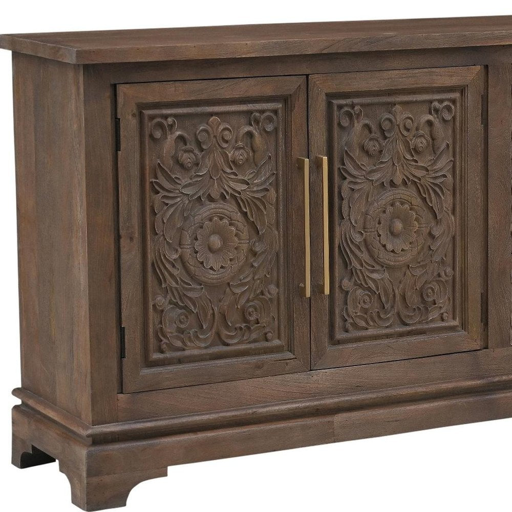 Brown Distressed Solid Wood Carved Floral Three Drawer Sideboard with Four Doors