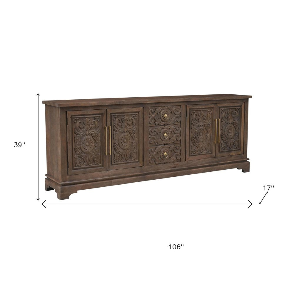 Brown Distressed Solid Wood Carved Floral Three Drawer Sideboard with Four Doors