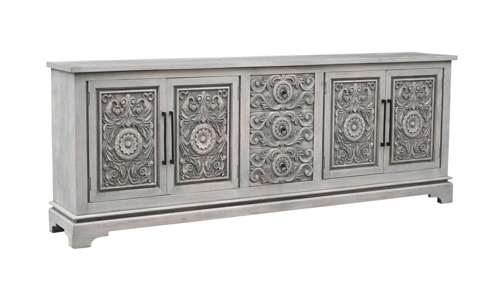 Gray Distressed Solid Wood Carved Floral Three Drawer Sideboard with Four Doors