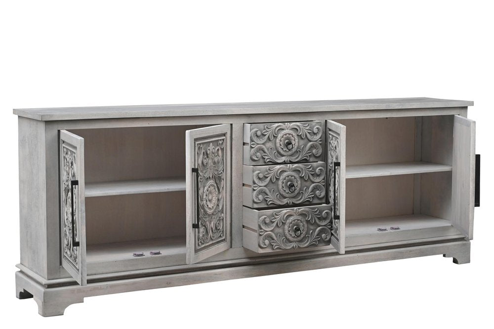 Gray Distressed Solid Wood Carved Floral Three Drawer Sideboard with Four Doors