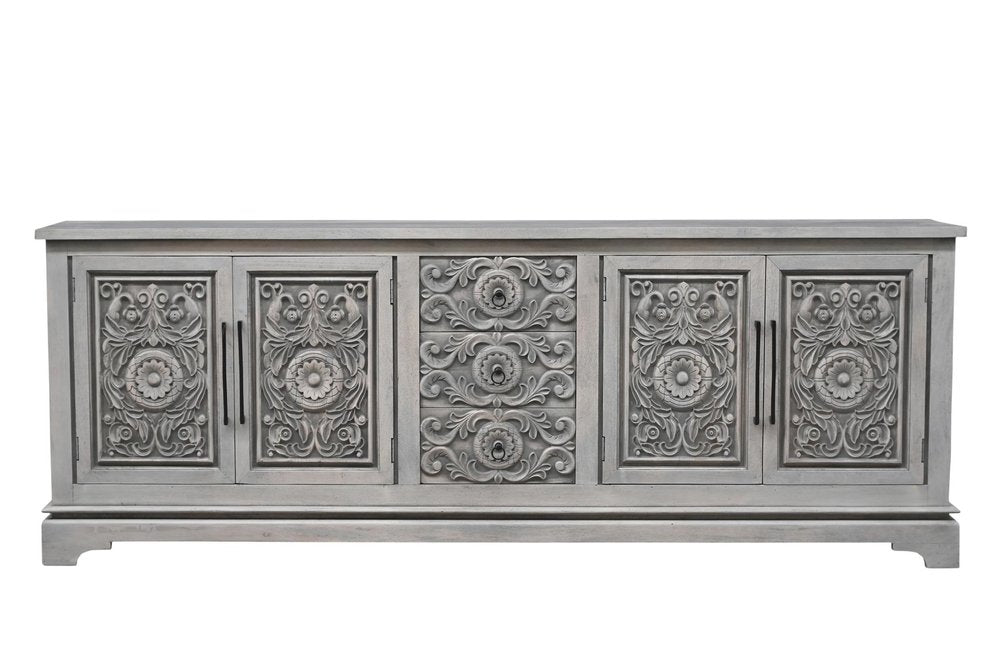 Gray Distressed Solid Wood Carved Floral Three Drawer Sideboard with Four Doors