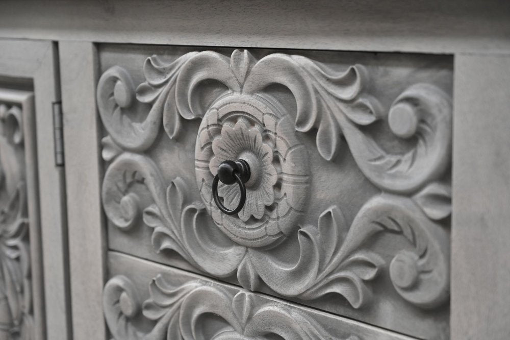 Gray Distressed Solid Wood Carved Floral Three Drawer Sideboard with Four Doors