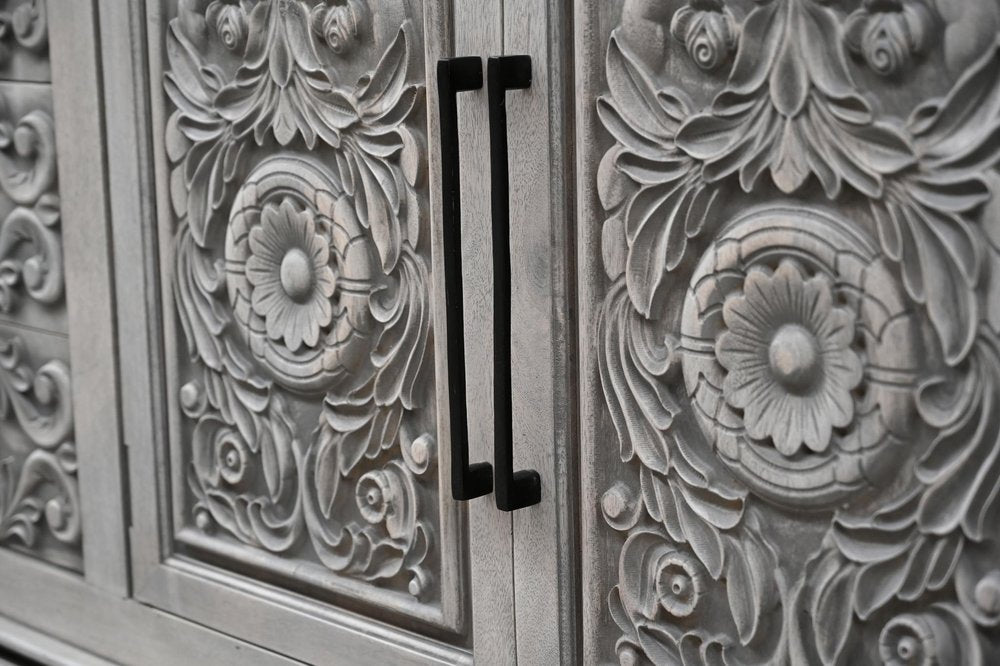 Gray Distressed Solid Wood Carved Floral Three Drawer Sideboard with Four Doors