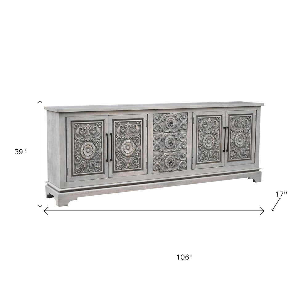 Gray Distressed Solid Wood Carved Floral Three Drawer Sideboard with Four Doors