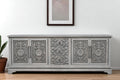 Gray Distressed Solid Wood Carved Floral Three Drawer Sideboard with Four Doors