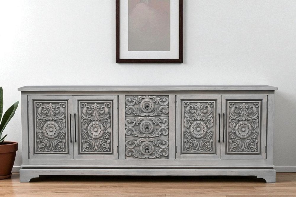 Gray Distressed Solid Wood Carved Floral Three Drawer Sideboard with Four Doors