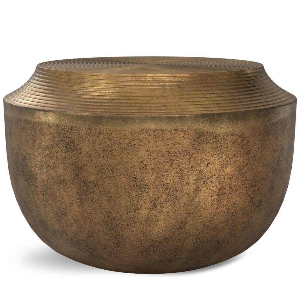 Antiqued Brass Aluminum Round Drum End Table - 13-inch
