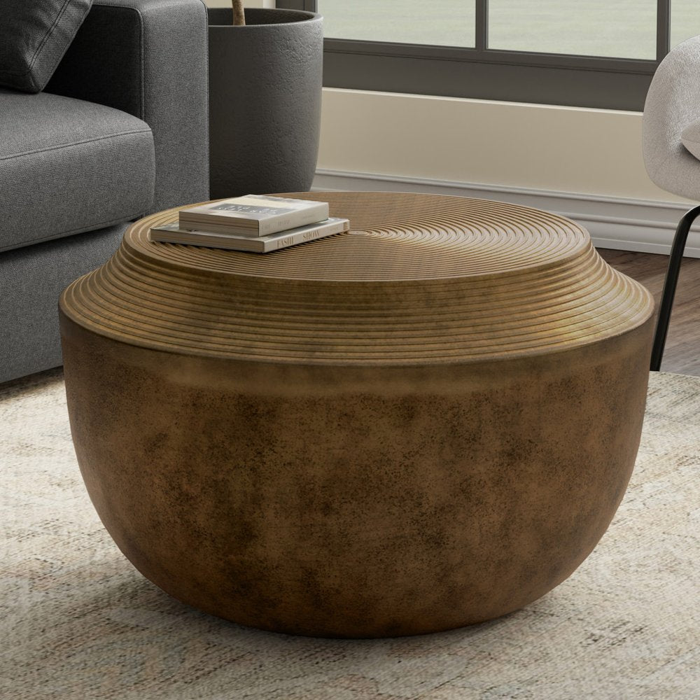 Antiqued Brass Aluminum Round Drum End Table - 13-inch