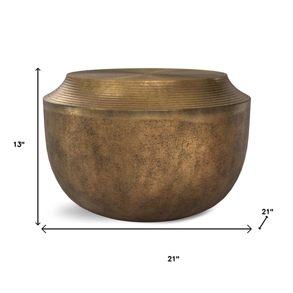 Antiqued Brass Aluminum Round Drum End Table - 13-inch