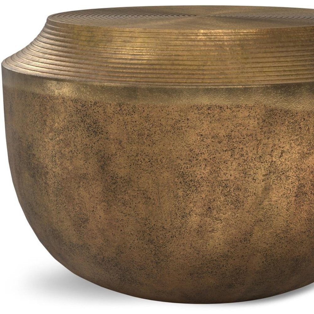 Antiqued Brass Aluminum Round Drum End Table - 13-inch