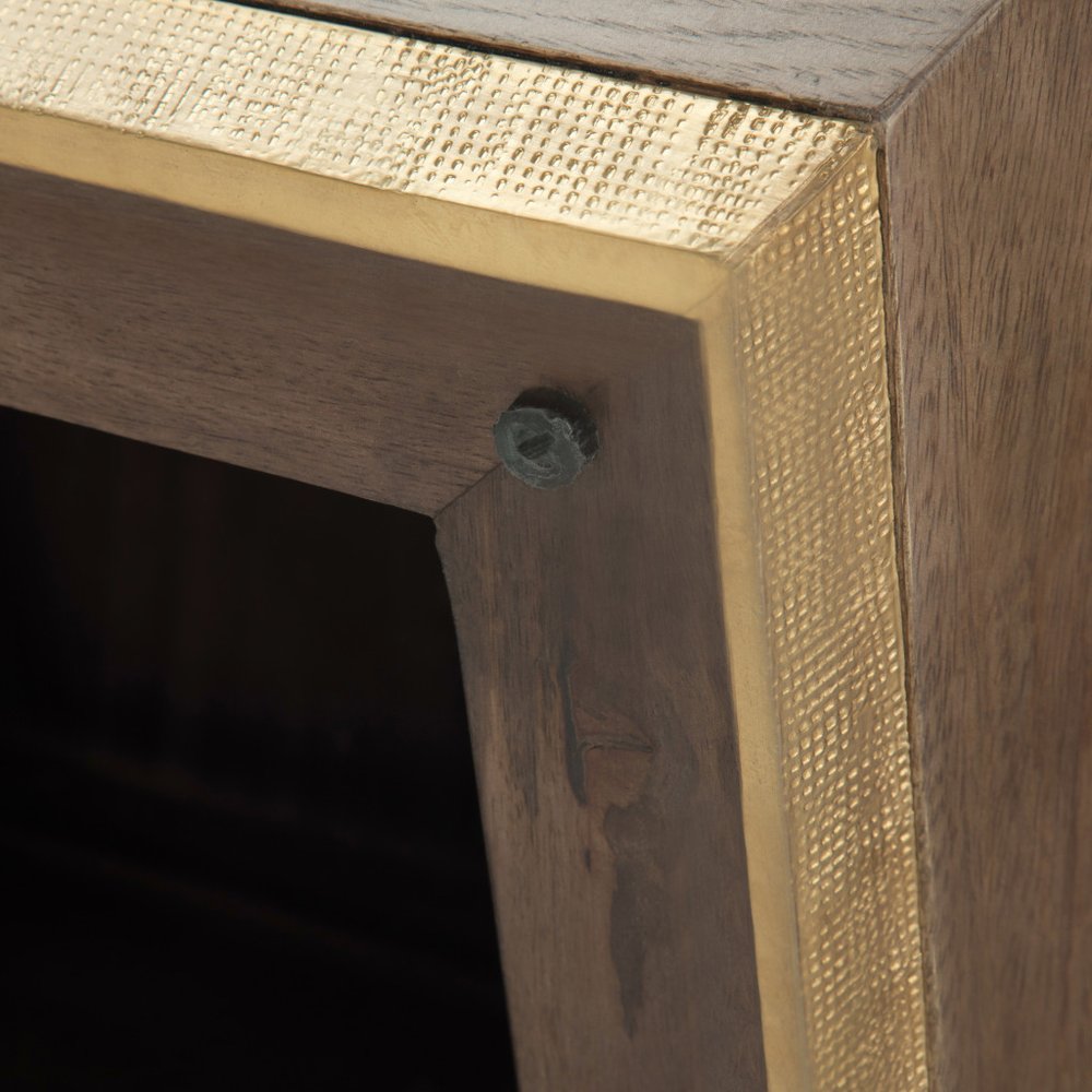 Dark Brown and Brass Distressed Solid Wood Square Block End Table