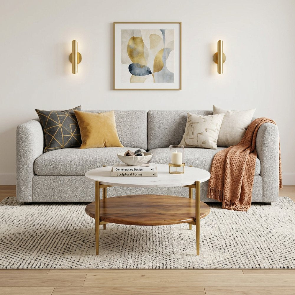 White Antiqued Brass and Natural Marble and Aluminum Round End Table with Shelf