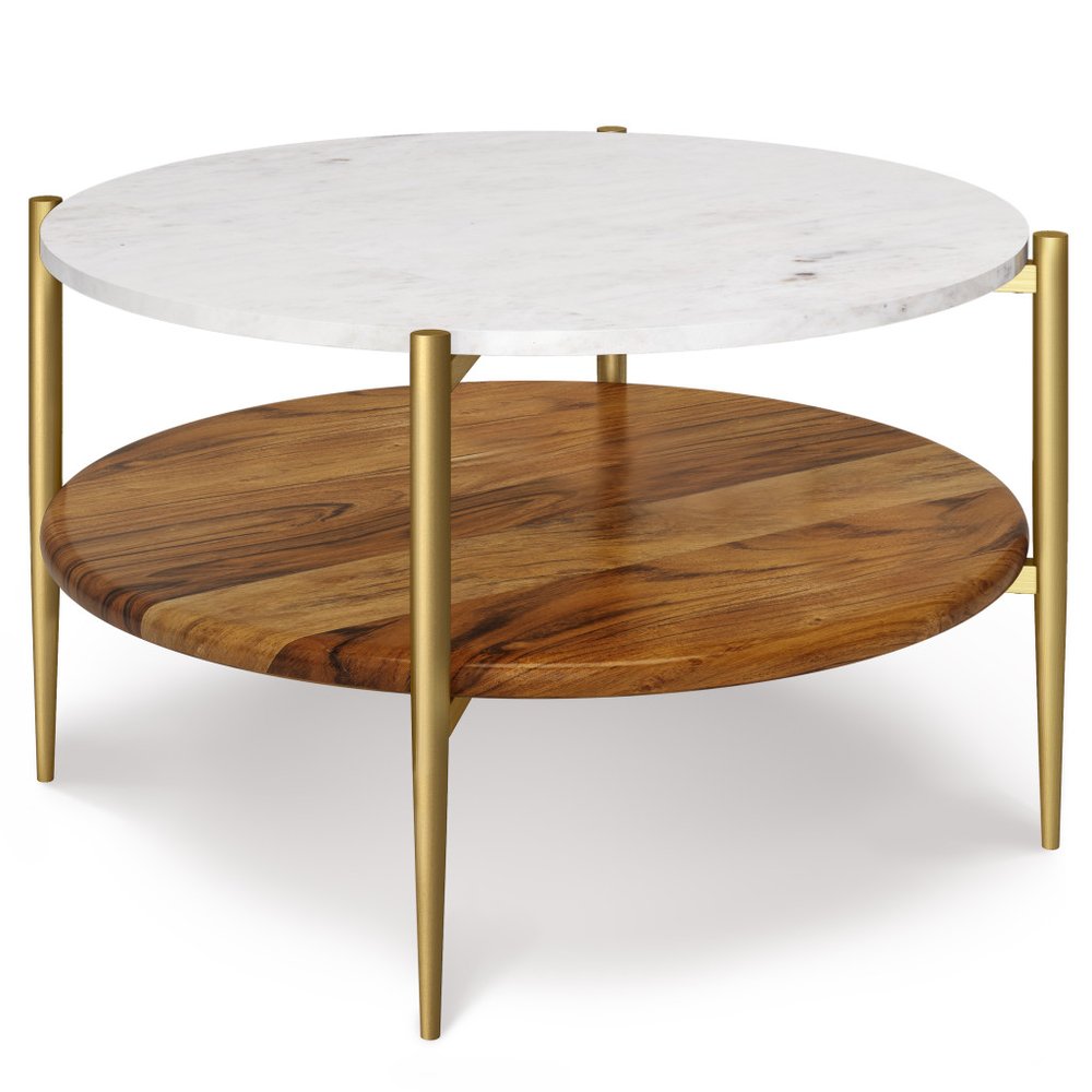 White Antiqued Brass and Natural Marble and Aluminum Round End Table with Shelf