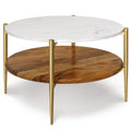 White Antiqued Brass and Natural Marble and Aluminum Round End Table with Shelf