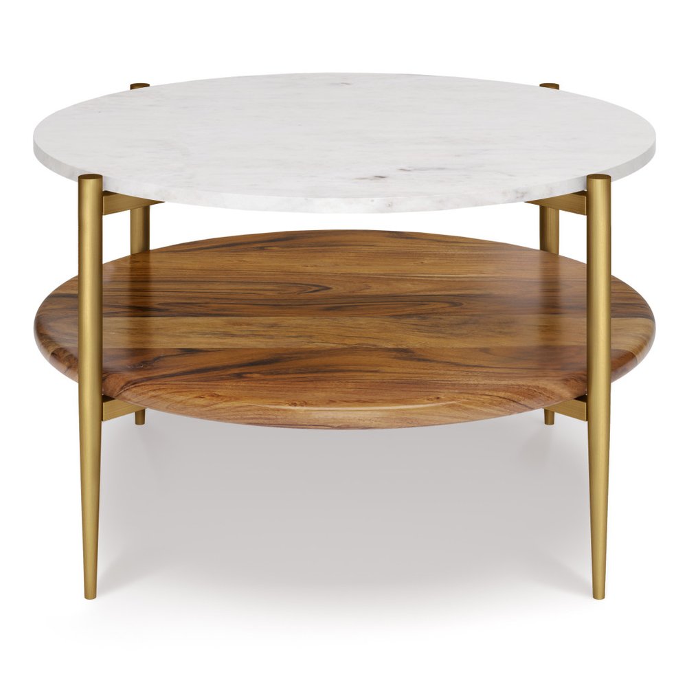 White Antiqued Brass and Natural Marble and Aluminum Round End Table with Shelf