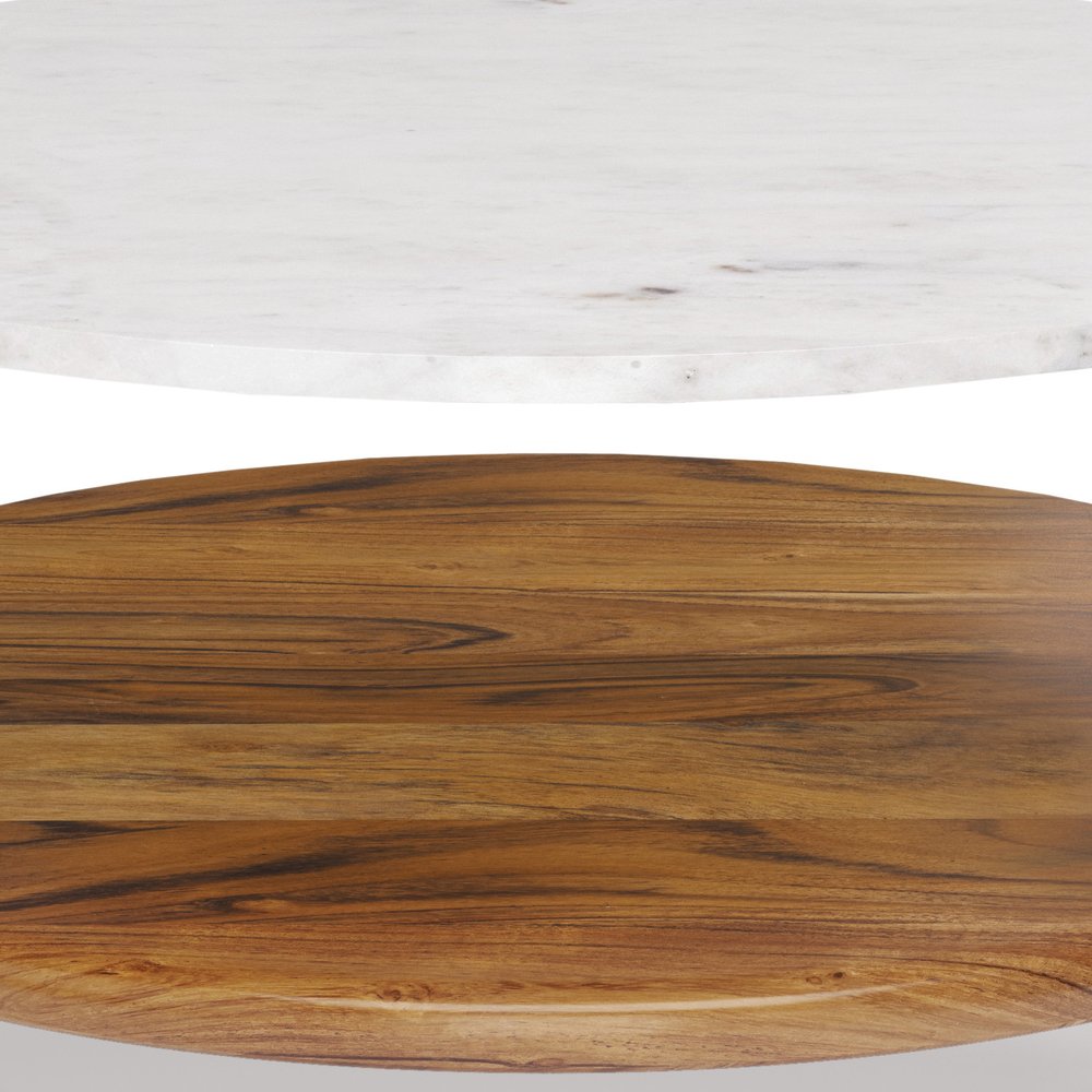 White Antiqued Brass and Natural Marble and Aluminum Round End Table with Shelf