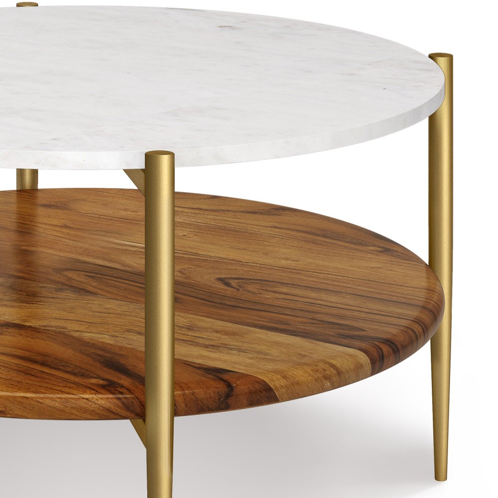 White Antiqued Brass and Natural Marble and Aluminum Round End Table with Shelf