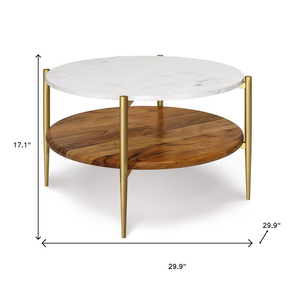 White Antiqued Brass and Natural Marble and Aluminum Round End Table with Shelf