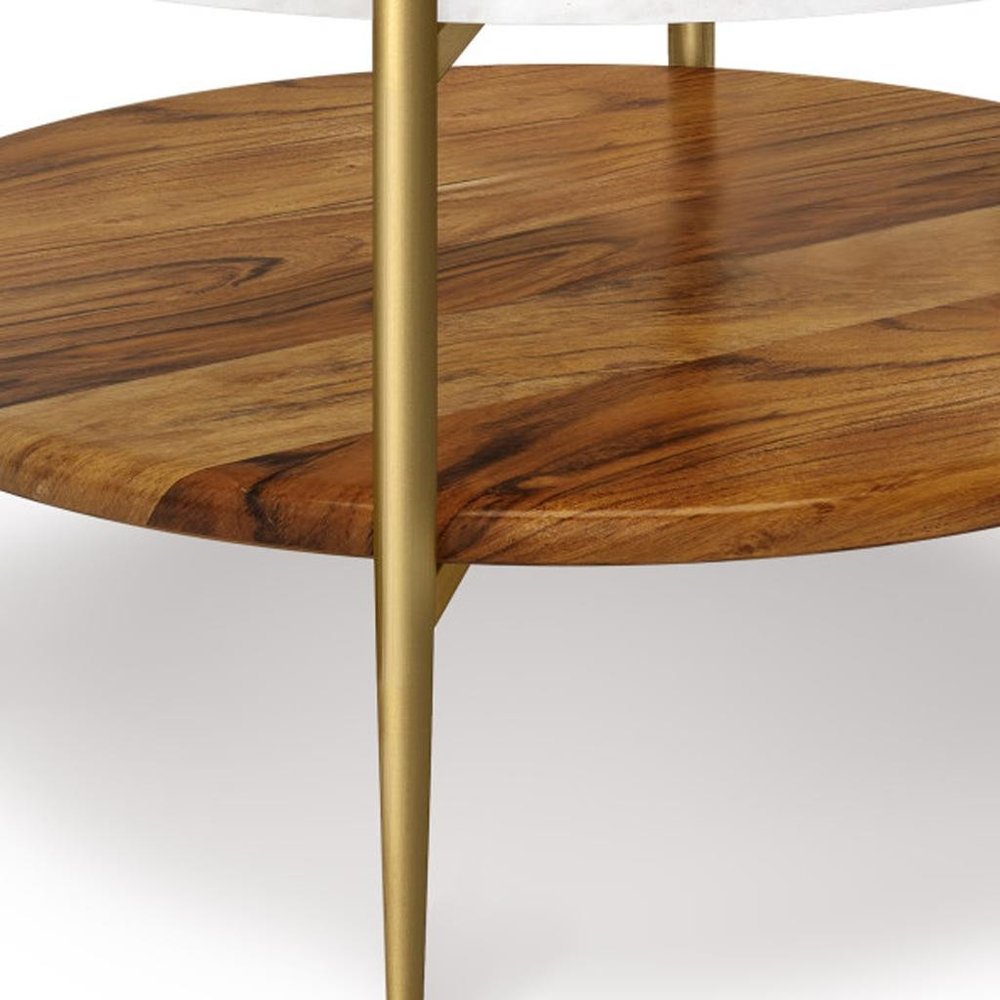 White Antiqued Brass and Natural Marble and Aluminum Round End Table with Shelf