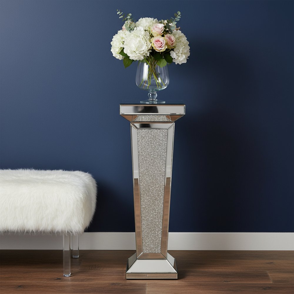 Silver Mirrored Glass and Faux Crystals Pedestal Accent Table