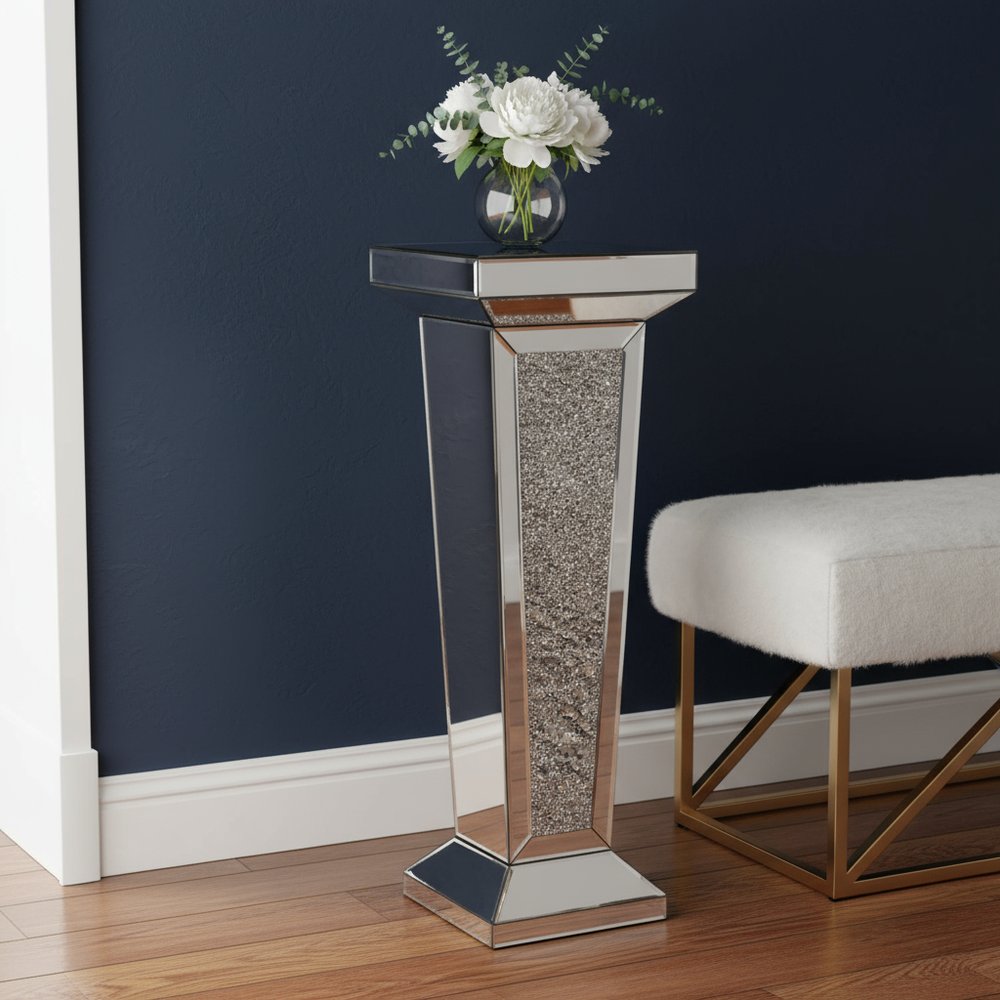Silver Mirrored Glass and Faux Crystals Pedestal Accent Table