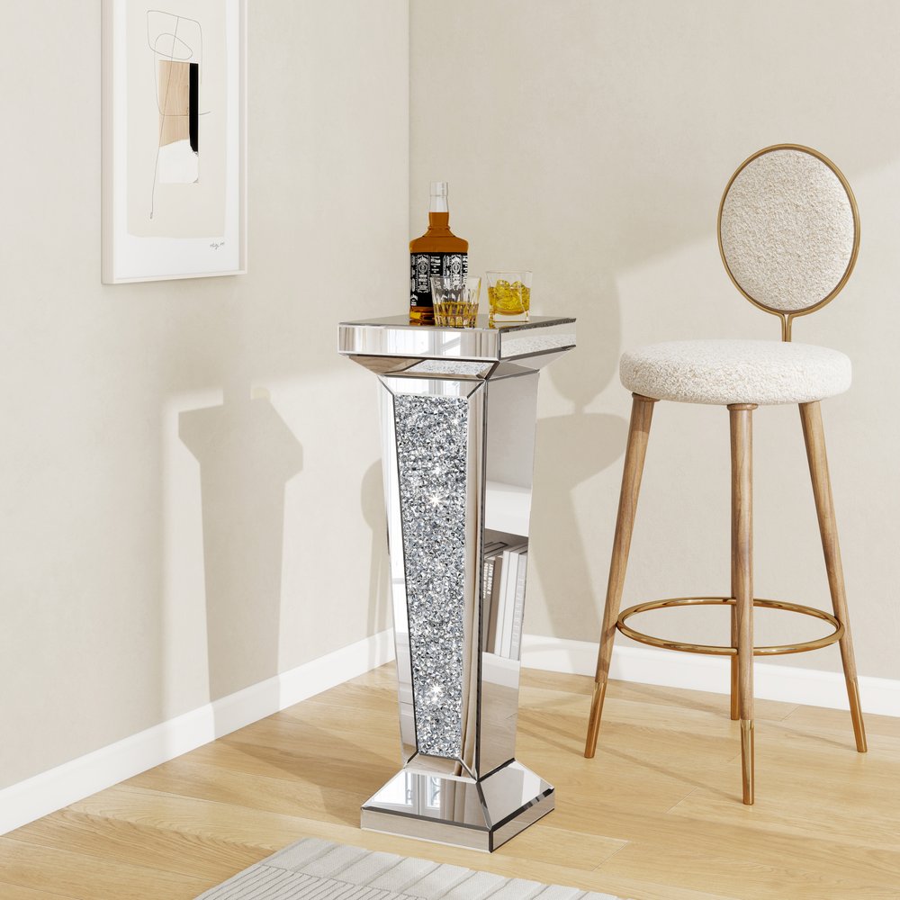 Silver Mirrored Glass and Faux Crystals Pedestal Accent Table