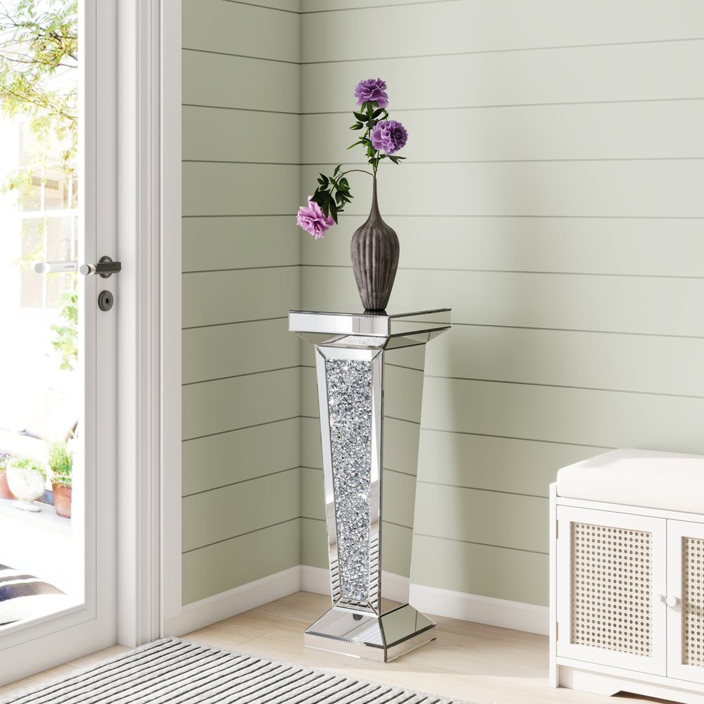 Silver Mirrored Glass and Faux Crystals Pedestal Accent Table