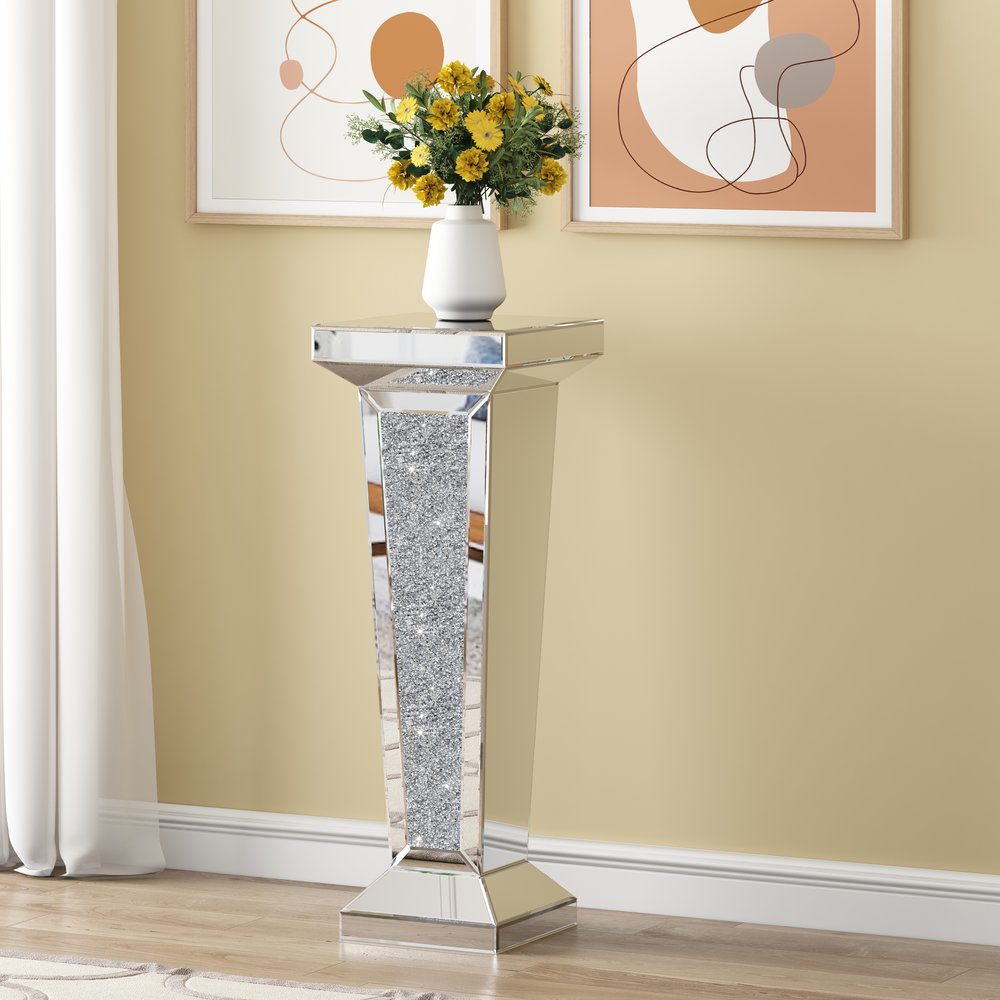 Silver Mirrored Glass and Faux Crystals Pedestal Accent Table