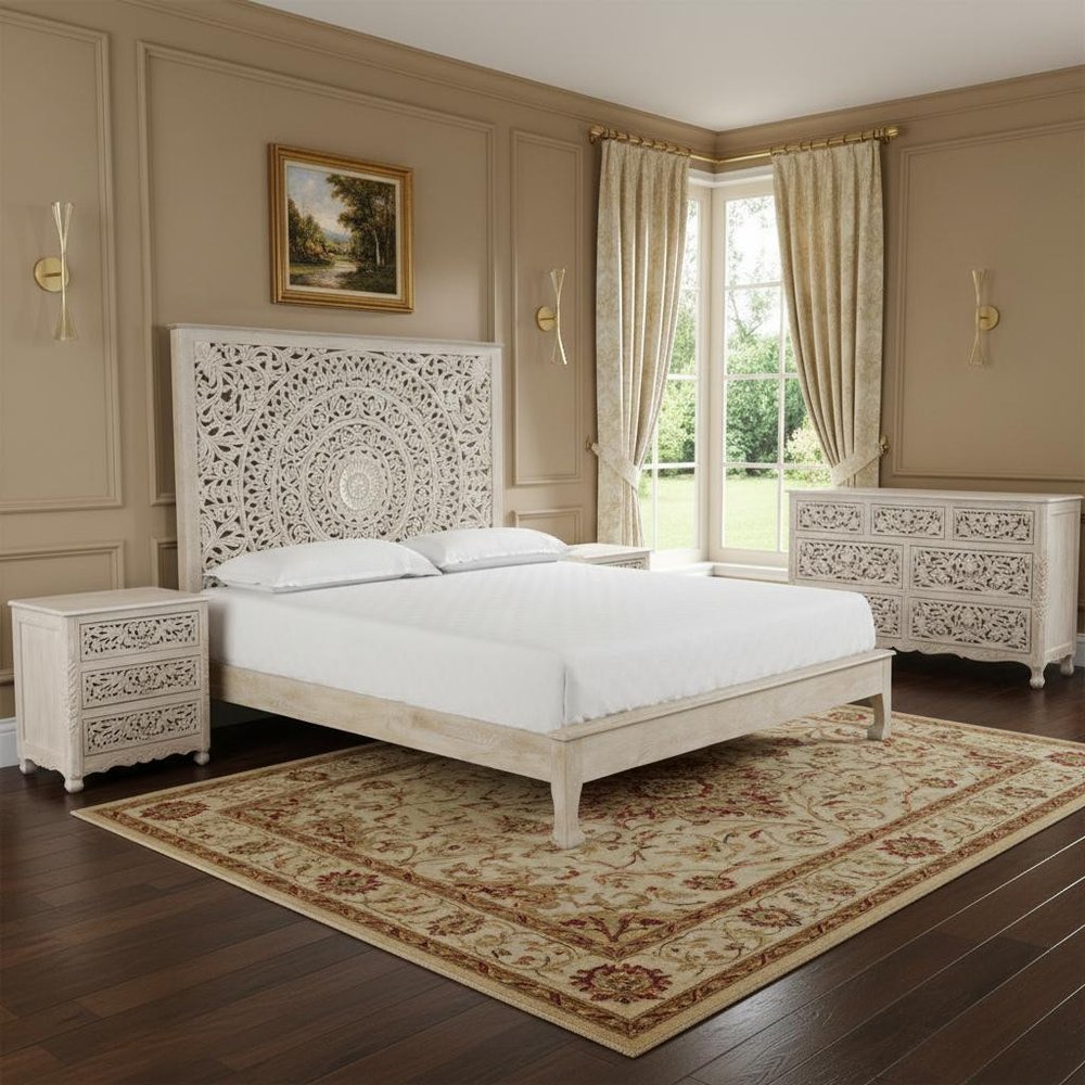 Three Piece White Solid Wood Bedroom Set