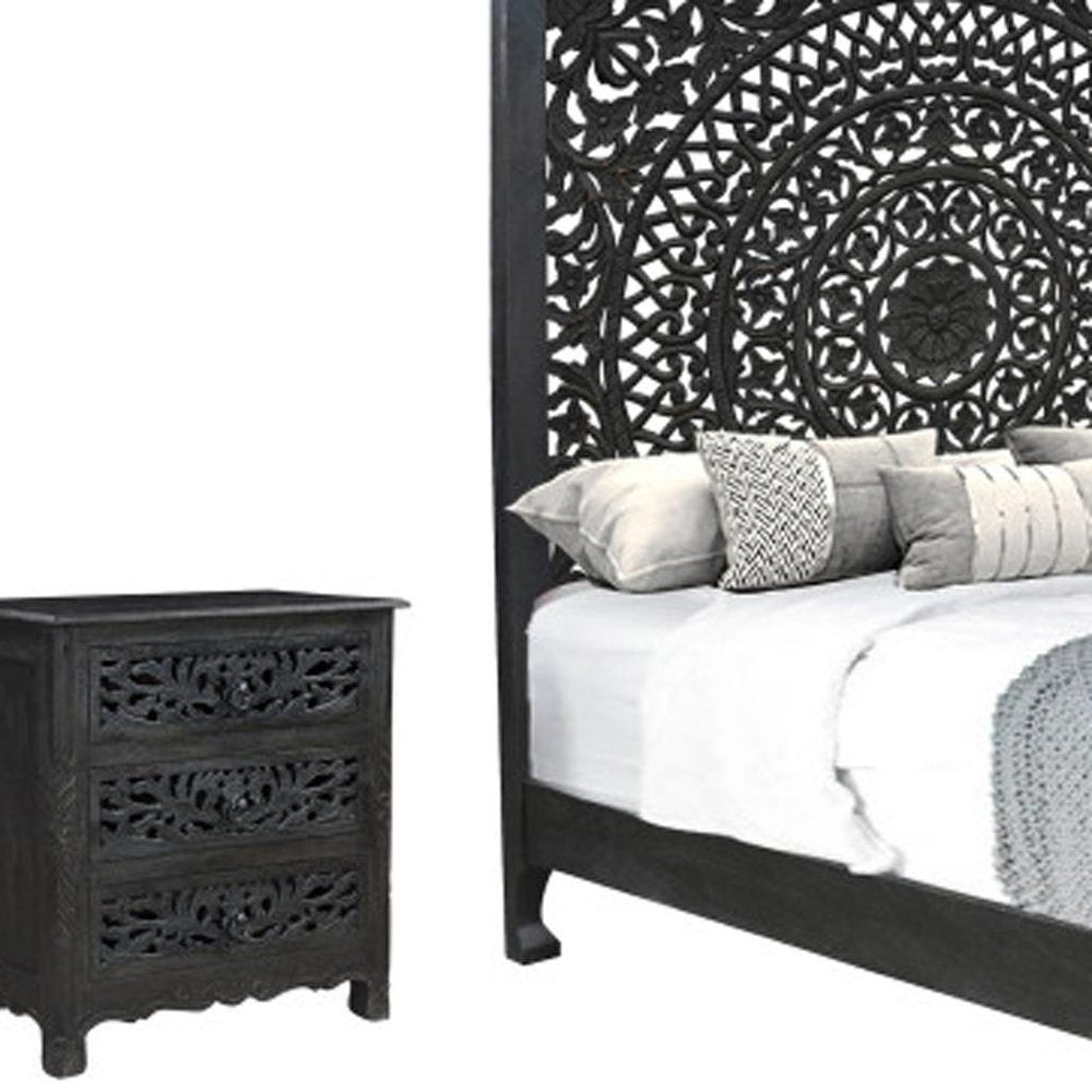 Three Piece Black Solid Wood Bedroom Set
