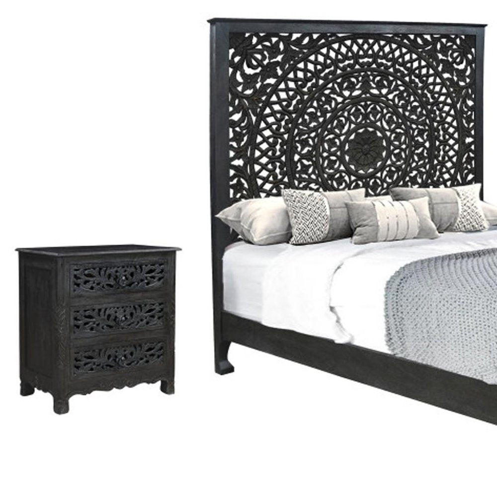 Three Piece Black Solid Wood Bedroom Set