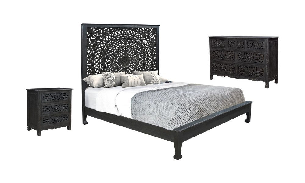 Three Piece Black Solid Wood Bedroom Set