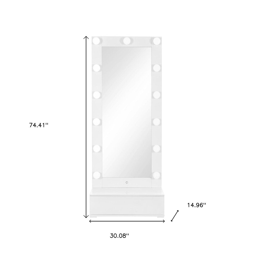 White Wood Lighted Freestanding Framed Full Length Mirror - 74-inch