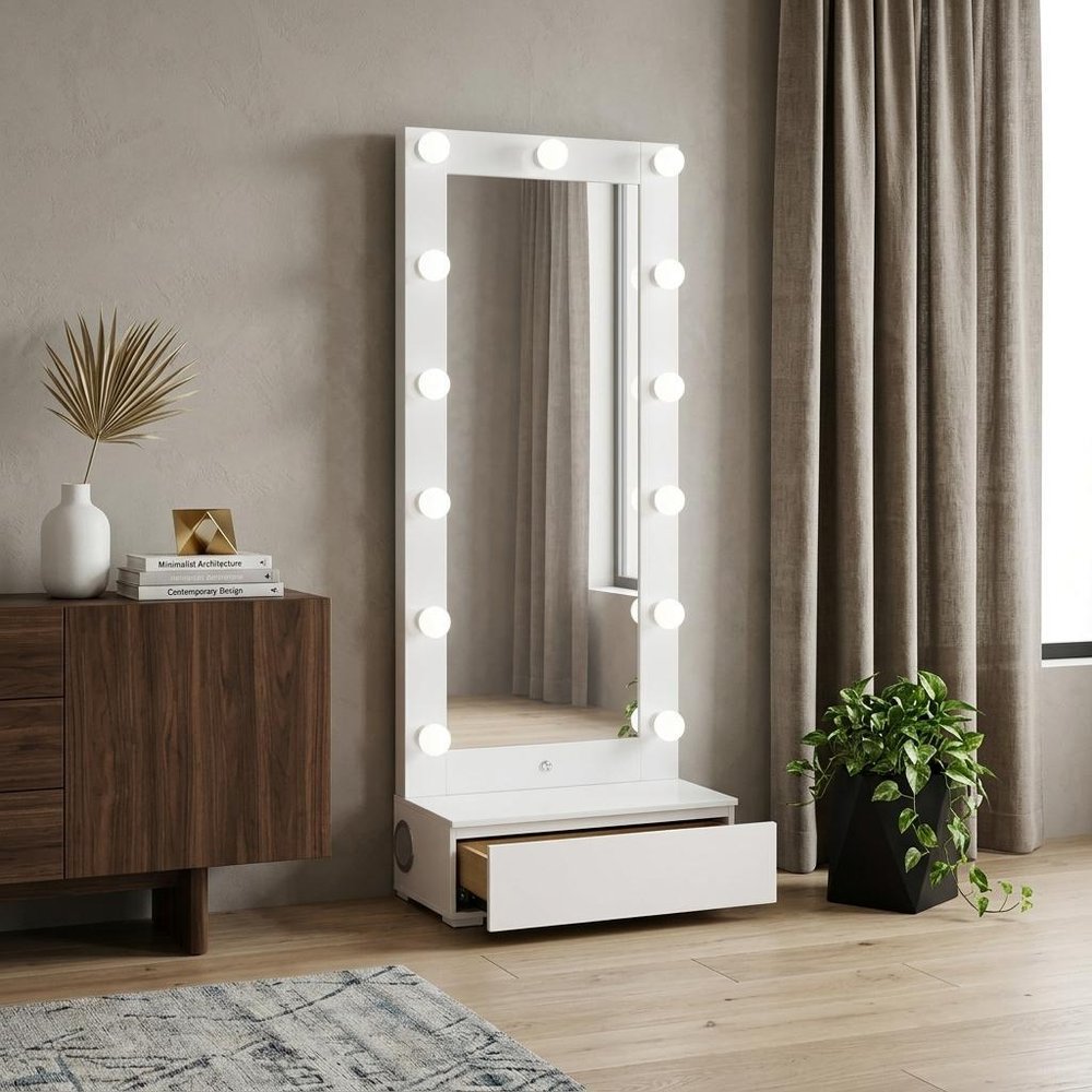 White Wood Lighted Freestanding Framed Full Length Mirror - 74-inch