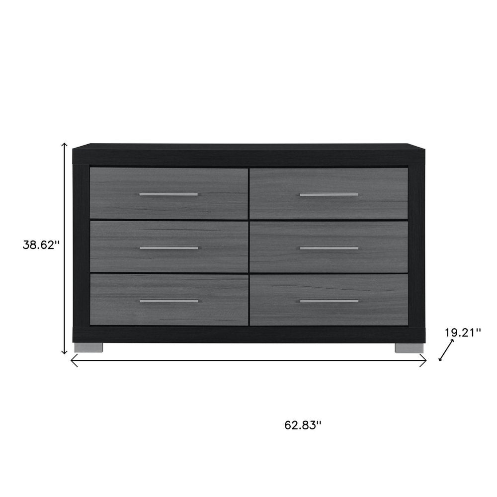 Black and Gray Wood Six Drawer Double Dresser - 63-inch