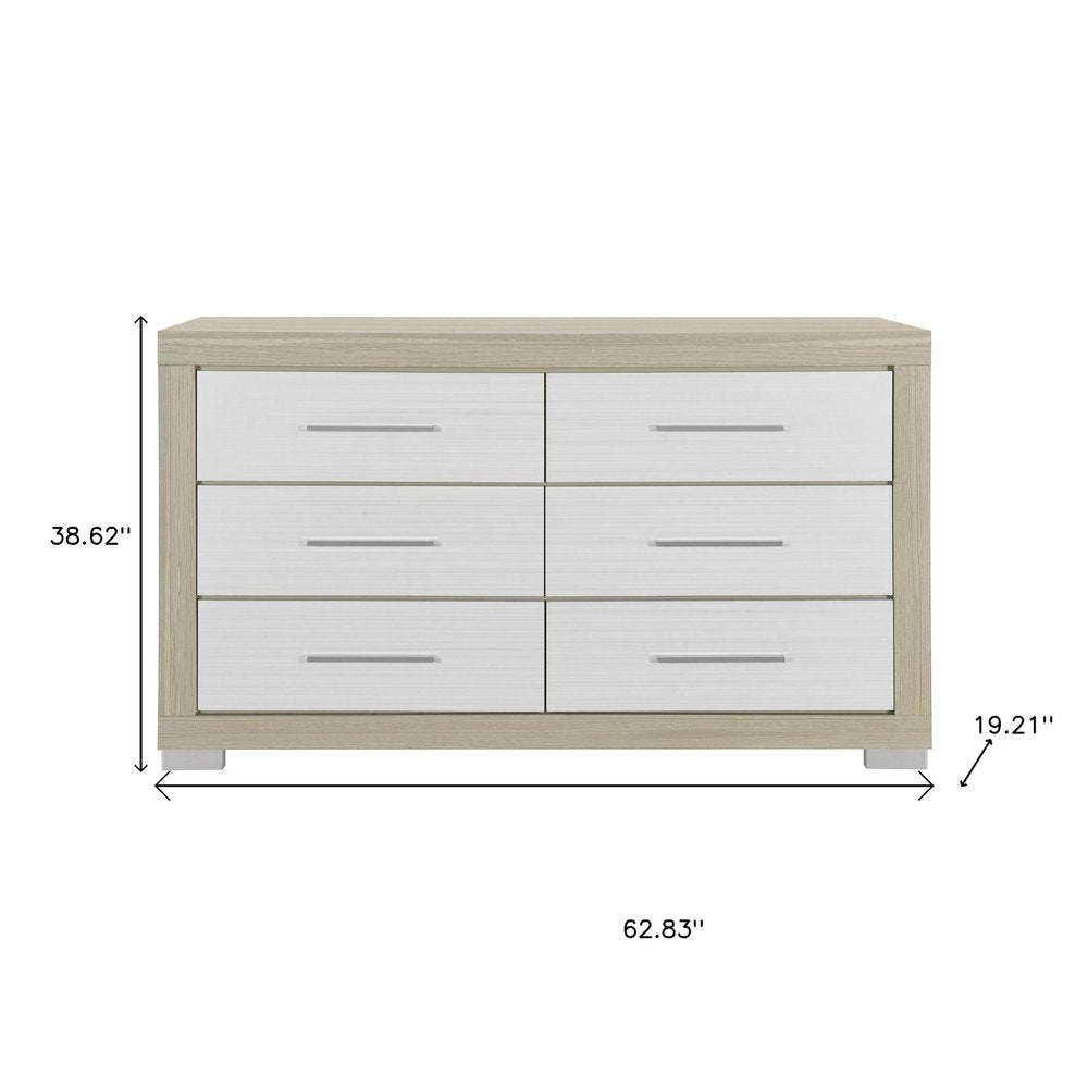 Natural and White Wood Six Drawer Double Dresser - 63-inch