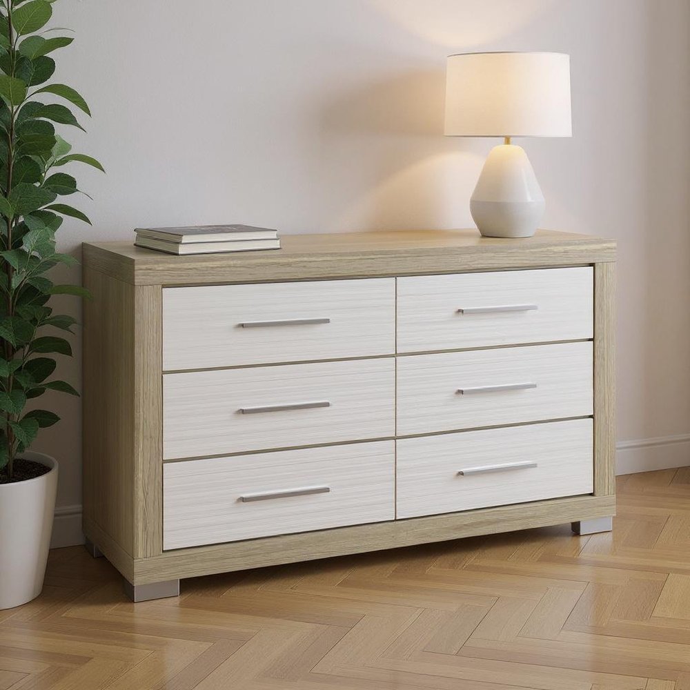 Natural and White Wood Six Drawer Double Dresser - 63-inch