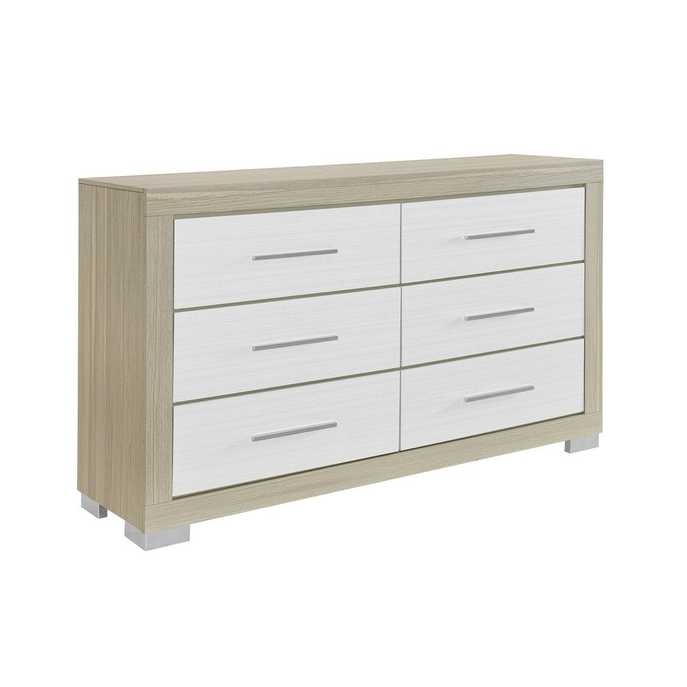 Natural and White Wood Six Drawer Double Dresser - 63-inch