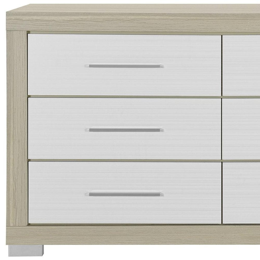 Natural and White Wood Six Drawer Double Dresser - 63-inch