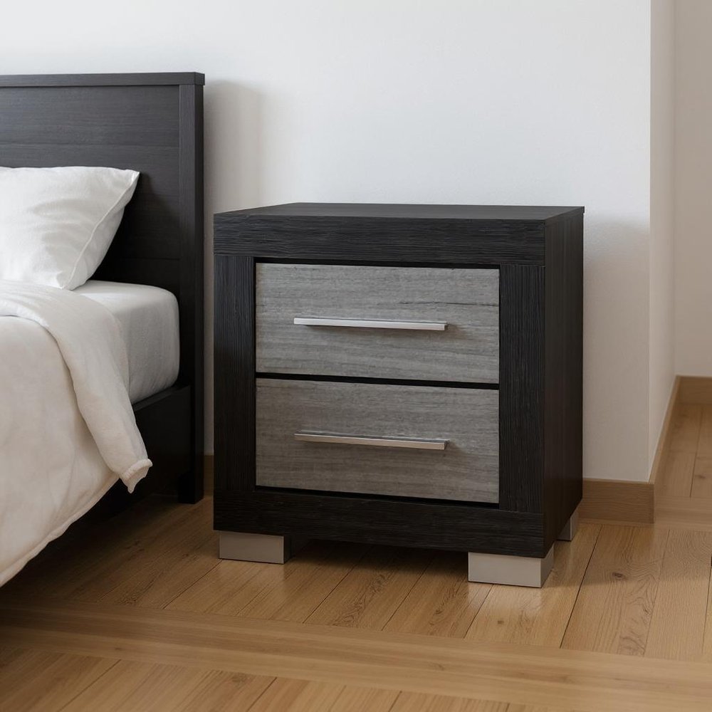 Black and Gray Wood Square Two Drawer Nightstand - 23-inch