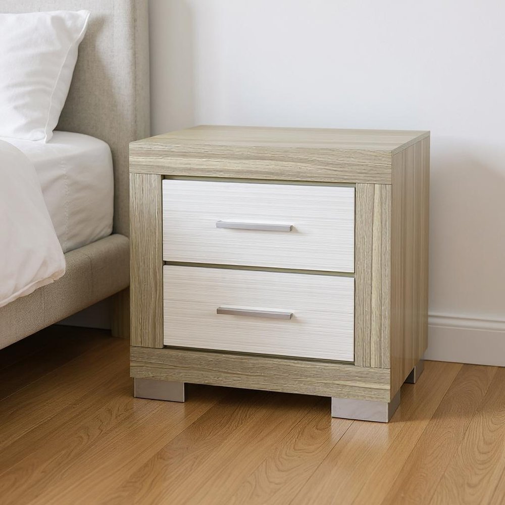 Natural and White Wood Square Two Drawer Nightstand - 23-inch