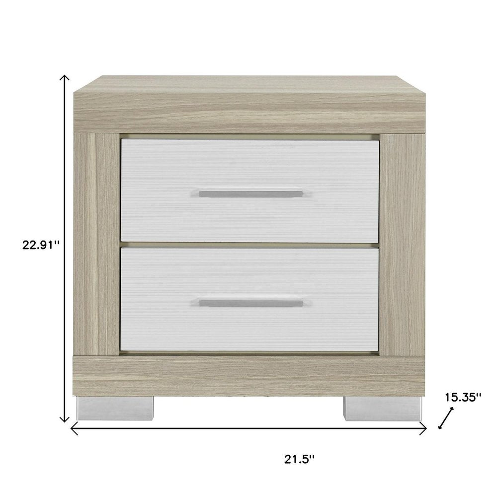 Natural and White Wood Square Two Drawer Nightstand - 23-inch
