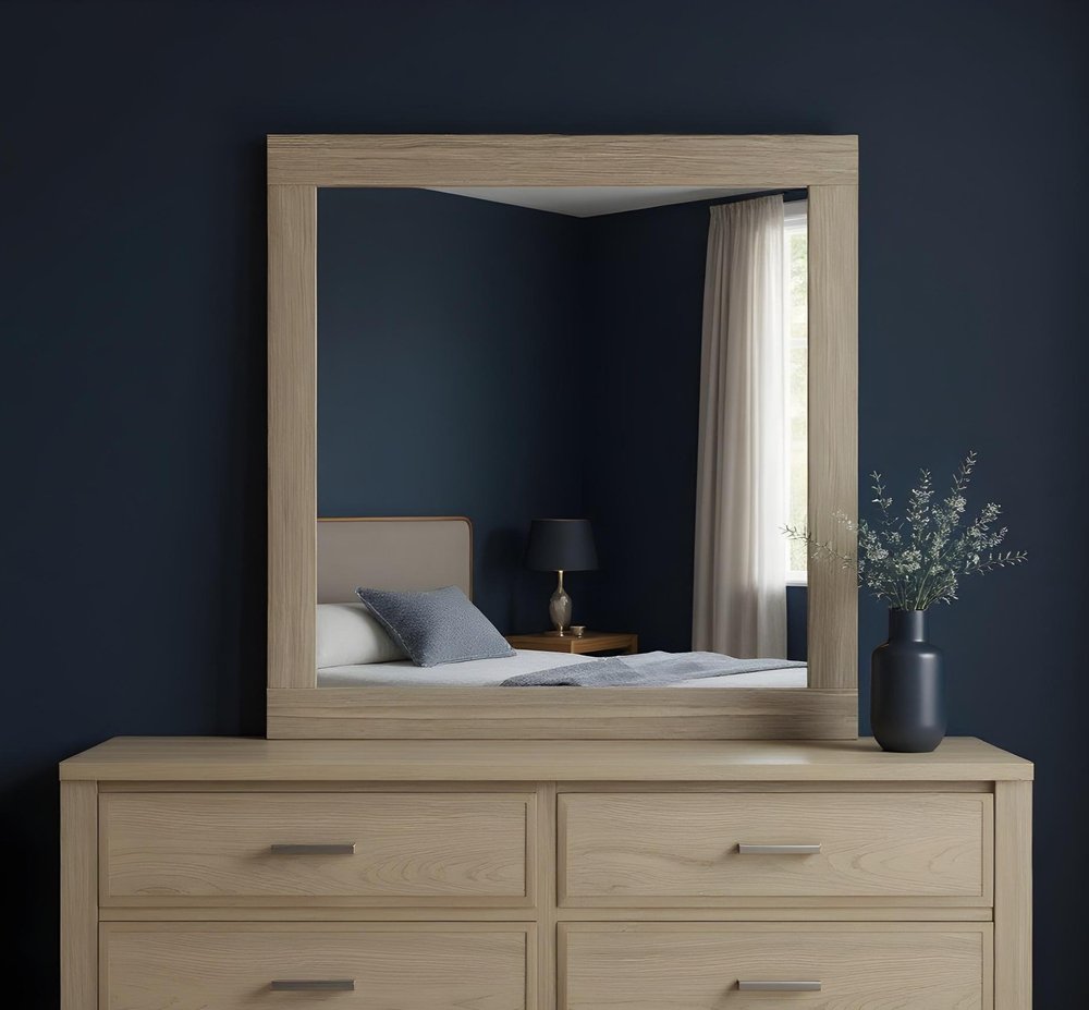 Natural Wood Square Frame Mounted Dresser Mirror - 35-inch