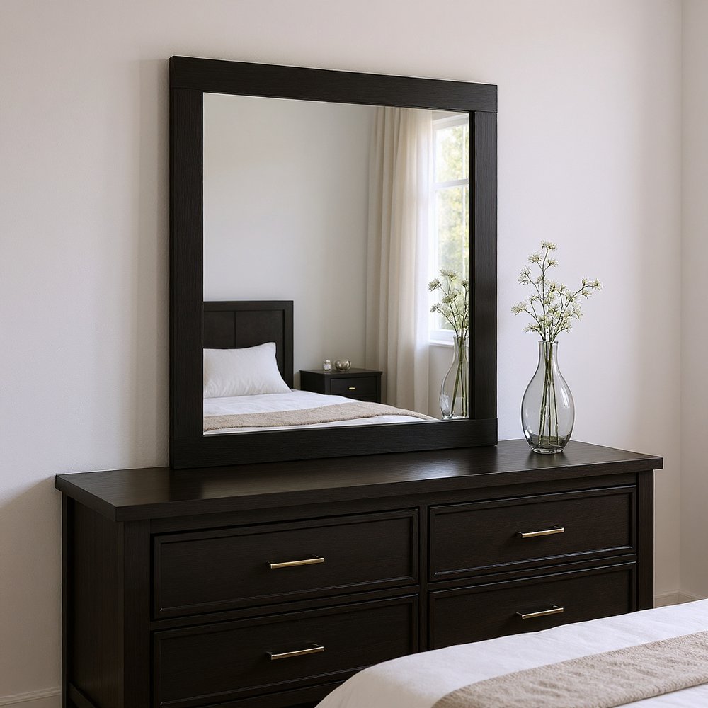 Black Wood Square Mounted Framed Dresser Mirror - 35-inch
