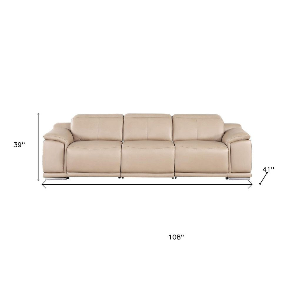 Beige Top Grain Leather Reclining USB Sofa - 107-inch
