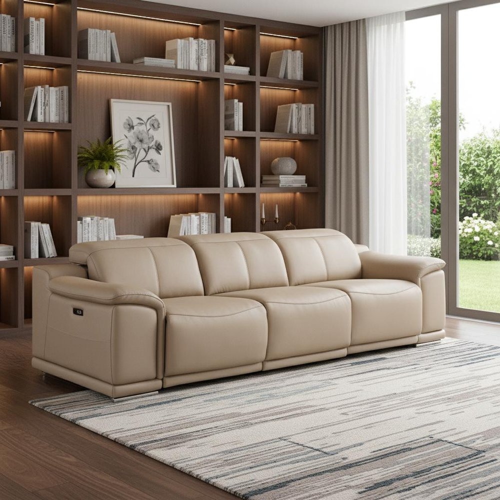 Beige Top Grain Leather Reclining USB Sofa - 107-inch