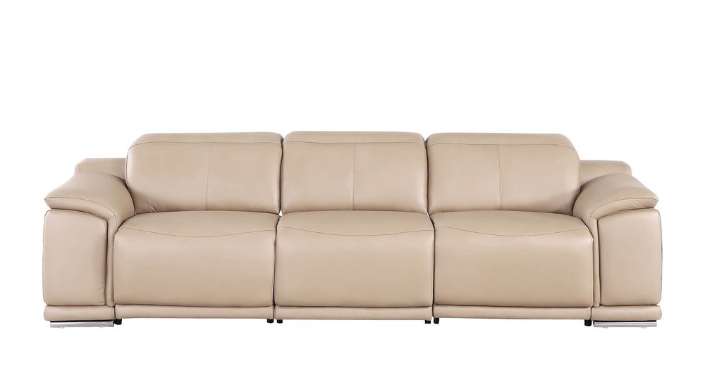Beige Top Grain Leather Reclining USB Sofa - 107-inch