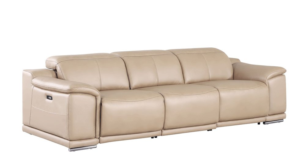 Beige Top Grain Leather Reclining USB Sofa - 107-inch
